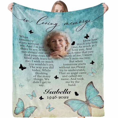 LOSARON Custom Memorial Blanket with Pictures & Name for Loss of Grandma Grandpa Mother Father Husband Wife Dog Custom Sympathy Gift