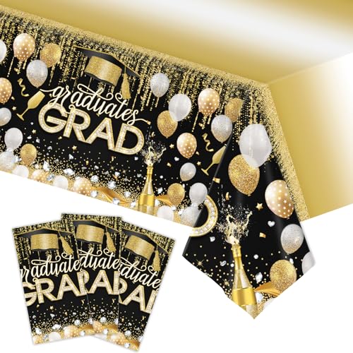 3pcs Graduation Tablecloth Disposable, 54in x 108in Graduation Decorations for Rectangle Tables, Grad Plastic Table Cover for Party Supplies （Black Gold）