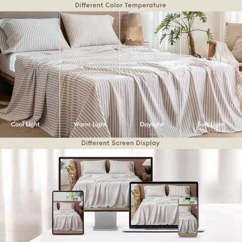 Image of MooMee Striped Sheet Set 100% Washed Cotton Linen Like Queen | Relaxed Linen-like Texture. Soft, Breathable & Lightweight Comfort. 15-19 inch Extra Deep Pocket with All-around Elastic
