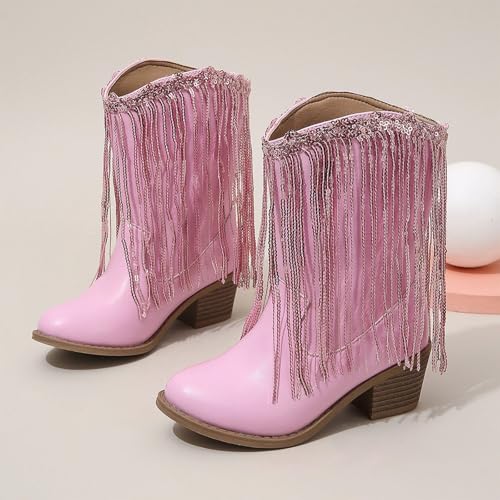 Rhinestone Cowboy Boots for Girls Snip Toe Sparkly Fringe Mid Wide Cowgirl Shoes Chunky Platform Heel Shows Tall Booties2