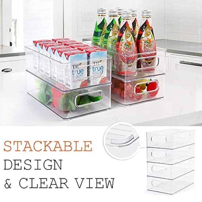 LotFancy Refrigerator Organizer Bins, 4 Pack,10x6x3 in, BPA Free Clear Plastic Storage Bins for Pantry Organization, Stackable Containers with Handles for Fridge, Kitchen Drawer, Freezer, Cabinet