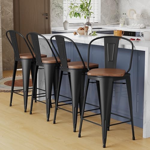 Alunaune 26″ Swivel Metal Bar Stools Set of 4 High Back Counter Height Barstools Industrial Dining Bar Chairs with Large Wooden Seat-Matte Black Alunaune 26″ Swivel Metal Bar Stools Set of 4 High Back Counter Height Barstools Industrial Dining Bar Chairs with Large Wooden Seat-Matte Black