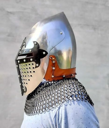 Medieval Knight Helmet with Chainmail, 18 Gauge Steel, Silver Polish Finish, LARP Costume Armor