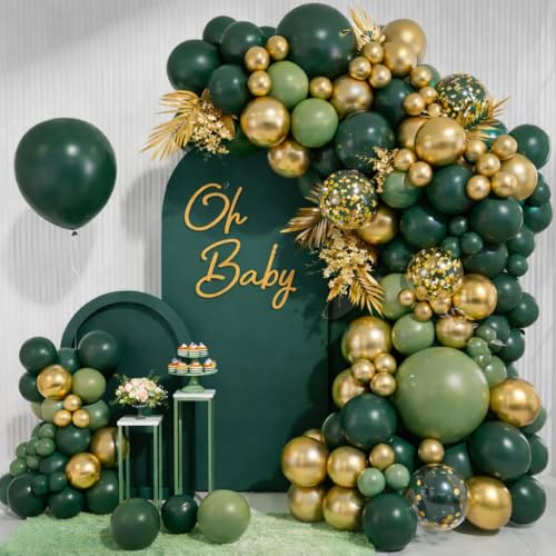 104Pcs Dark Green Gold Balloons Arch Kit 5/10/12/18Inch Dark Green and Gold Balloons Arch Garland Kit with Sage Green Balloon for Emerald Baby Shower Birthday Party Jungle Safari Party Decoration