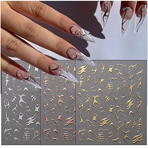Gold Nail Art Stickers 3D Metal Silver Flame Nail Decals Holographic Stripe Line Graffiti Design Champagne Gold Irregular Geometry Bronzing Nail Art Supplies Manicure French Nail Art Decoration 6 Pcs #TOP2