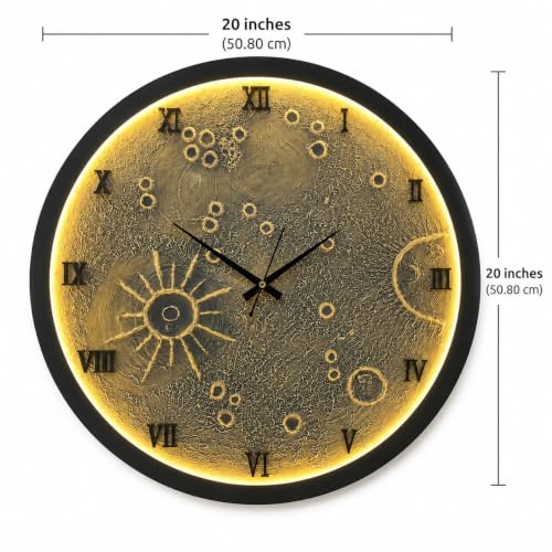 Image of Moon Lunar Wall Clock with Warm White 240 LED Strip | Handmade Moon Texture, No-Glass Design & Decorative Lighting | Includes 1m Wire, Adapter and AA Battery for Living Room, (18 inch)