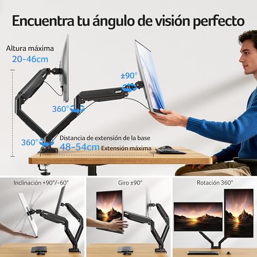 Miniatura 3 de acer Soporte Monitor Doble para Pantallas de 17-32 Pulgadas, Brazo Monitor Ergonómico con Resorte de Gas, Soporta de 2-9 kg, con Gestión de Cables, Inclinable, Giratorio, Compatible con VESA 75/100 mm