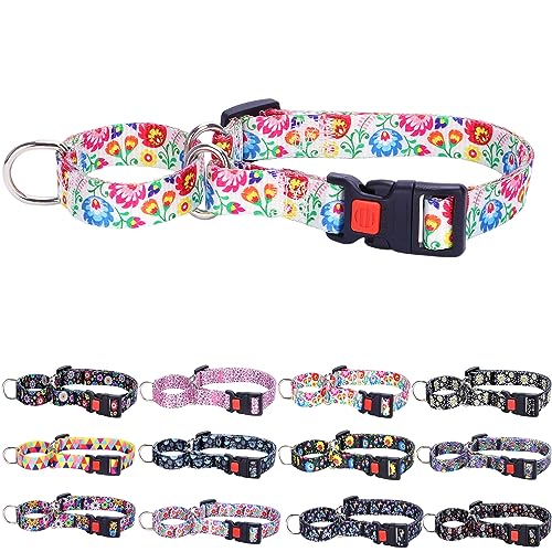 Flowers Martingale Collar for Small Medium Large Dogs?Adjustable Nylon Heavy Duty Dog Collar?Walking Training Boy and Girl Dogs L