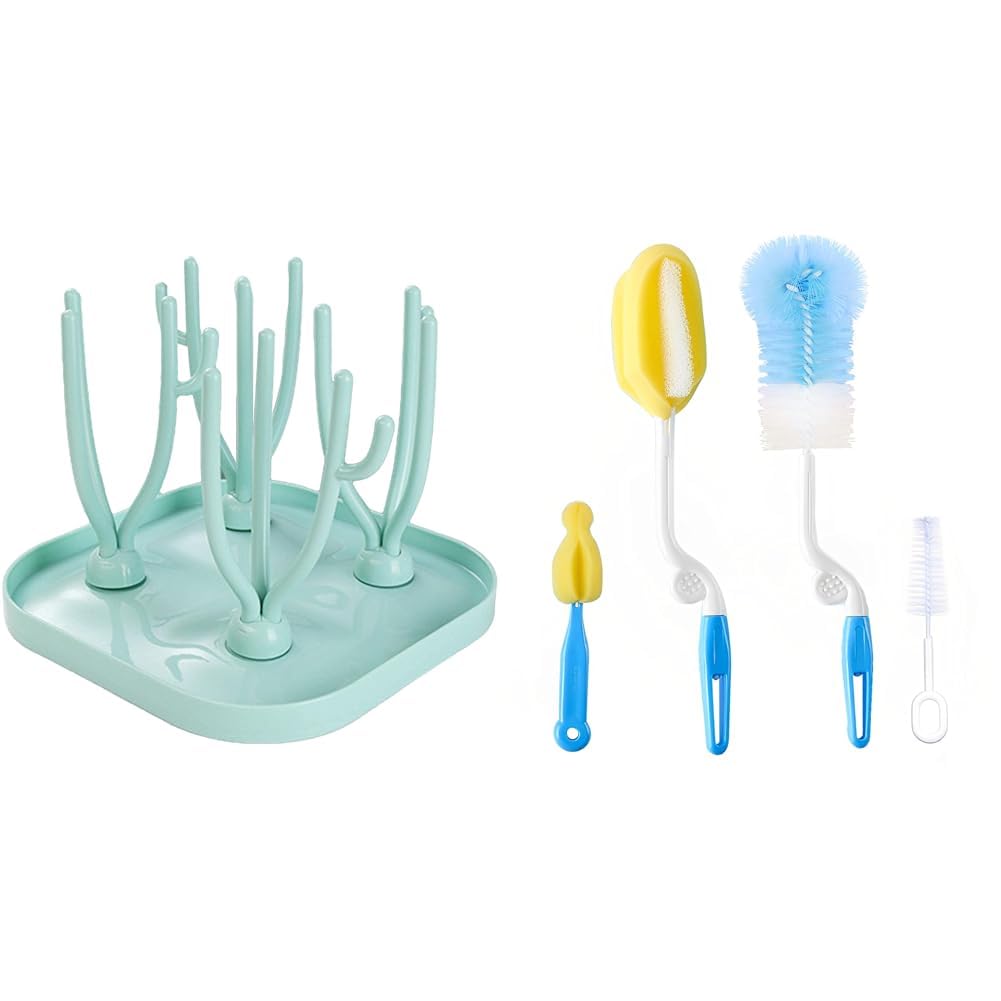 Syga Foldable Baby Bottle Drying Rack - Feeding Cup, Nipple Storage Shelf Stand Holder, Milk Brush, Sponge, Nylon Cleaning Brush, Cleaner Tong Set (4 Pcs)