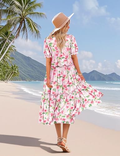 Image of YESNO Summer Floral Midi Dresses for Women V Neck Puff Short Sleeve Frill Trim Dress with Pockets EVX