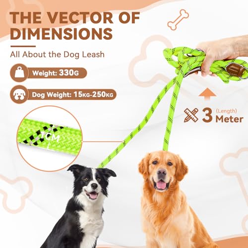 Hundeleine 3 M Verstellbare Schleppleine für Mittel- & Großhunde(20-60kg), Reflektierende Freihandleine mit 2 Karabiner, Doppelleine aus Robustem Nylon, 200 kg Extreme Kraft
