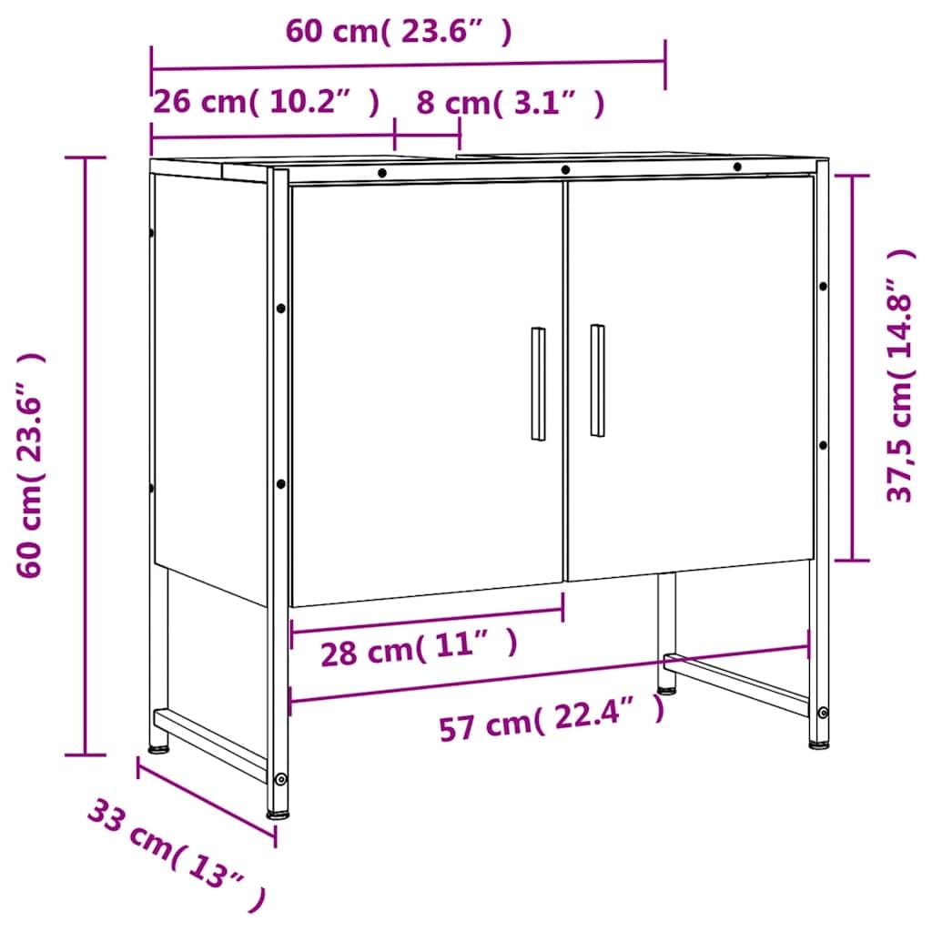 Mobile sottolavabo in rovere Sonoma, 60 x 33 x 60 cm, in legno con vano portaoggetti, mobile da bagno con anta e scomparto per bagno, salvaspazio, adatto per WC e lavabo degli ospiti