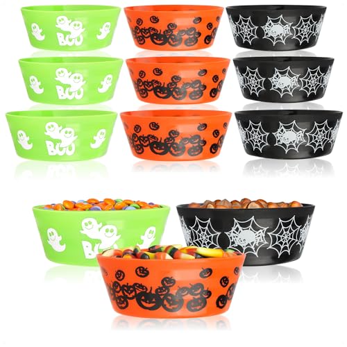 com-four® 12x Bols à Snack Halloween - Ensemble de Bols pour Bonbons Emballés - Assiettes à Snack en Plastique - Vaisselle de Fête pour Halloween et Soirées à Thème (12 pièces - 3 couleurs)