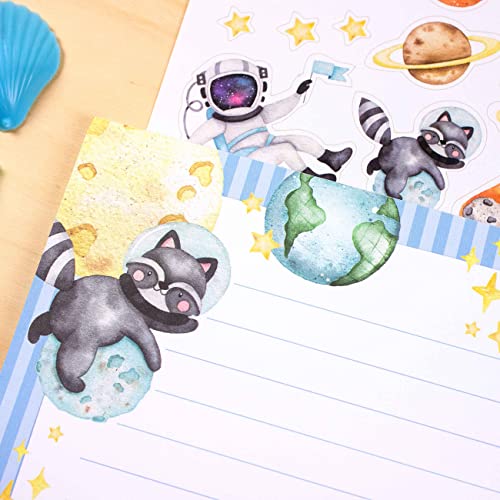 Papierdrachen Briefblock Set - 50 bunt bedruckte Briefbögen - Briefpapier mit Stickerbogen - 20 bedruckte Umschläge - Geschenkidee für Kinder - Astronauten