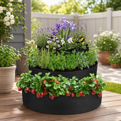 Nilioerup 3 Tiered Strawberry Planter, Fabric Raised Garden Bed Non-Woven Laddered Planter Bag 8 Inch Deep Round Felt Planting Container for Growing Vegetables Herb Plant (3 Tiered) by Nilioerup - Used condition - Image 7