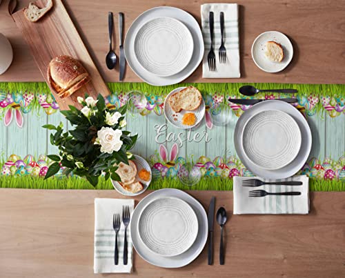 Easter Colorful Eggs Table Runner Dresser Scarves 36 Inches Long,Rabbit Ears Spring Rustic Wood Grain Table Runners,Farmhouse Table Runner For Kitchen/Dining/Coffee Table,Holiday Party Decoration #TOP2