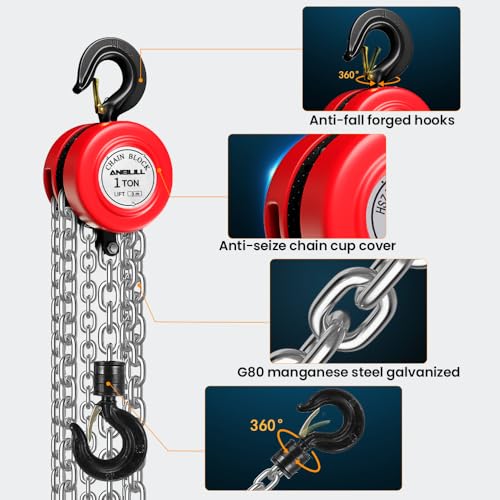 Anbull 1T Kettenzug handseilwinde, Vollverzinkte Kette, ölfrei, 1000Kg Tragkraft Flaschenzug Seilzug Hebezug Ratschenzug, 3m Kette, Kettenblockaufzug