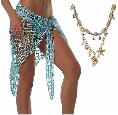 Sexy Beach Hand Crochet Shawl Capelet Cover Up Sunscreen Net Triangle Fishnet Skirt,and Braided Rattan Shell necklace(LK9)