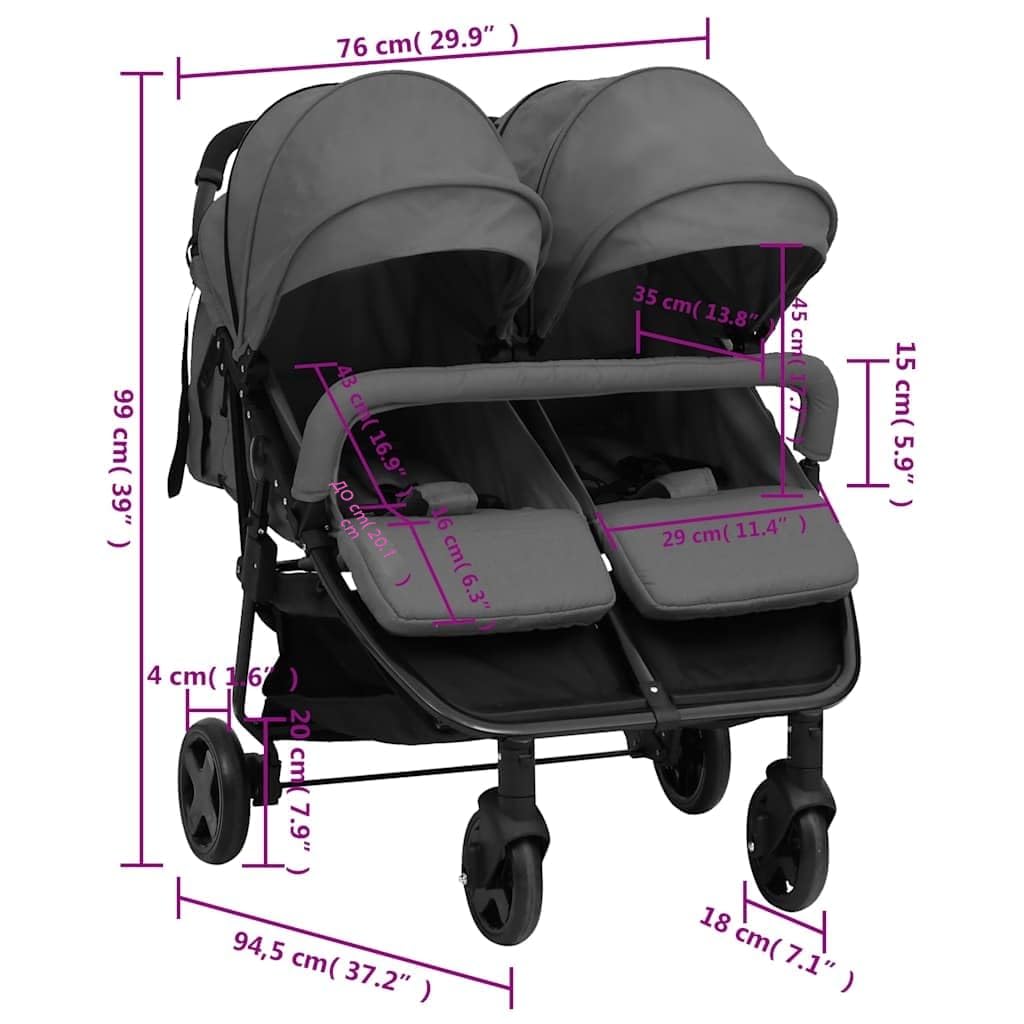 vidaXL Carrito para Gemelos Cochecito Sillita Gemelar Silla de Paseo Canasta Niños Reposapiés Ajustable Dosel Plegable de Acero Gris Oscuro y Negro