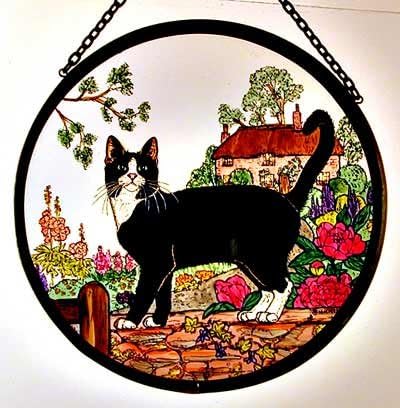 Decorative Hand Printed Stained Glass Window Sun Catcher/Roundel in a Cottage Garden Cat Design.