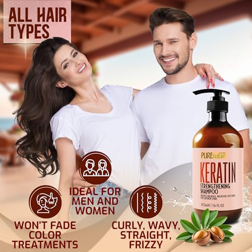 Image of PURE NATURE LUX SPA Keratin Shampoo - Sulfate Free, Strengthening Formula - Repair Damaged and Dry Hair - Products for Women and Men - For Thinning Hair - 16 Fl Oz