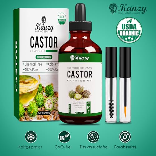 Kanzy Rizinusöl Bio Kaltgepresst 100ml, Organic Castor Oil for Hair Growth Natürlich Rizinus Öl für Körper, Haare, Nägel, Wimpern, Augenbrauen