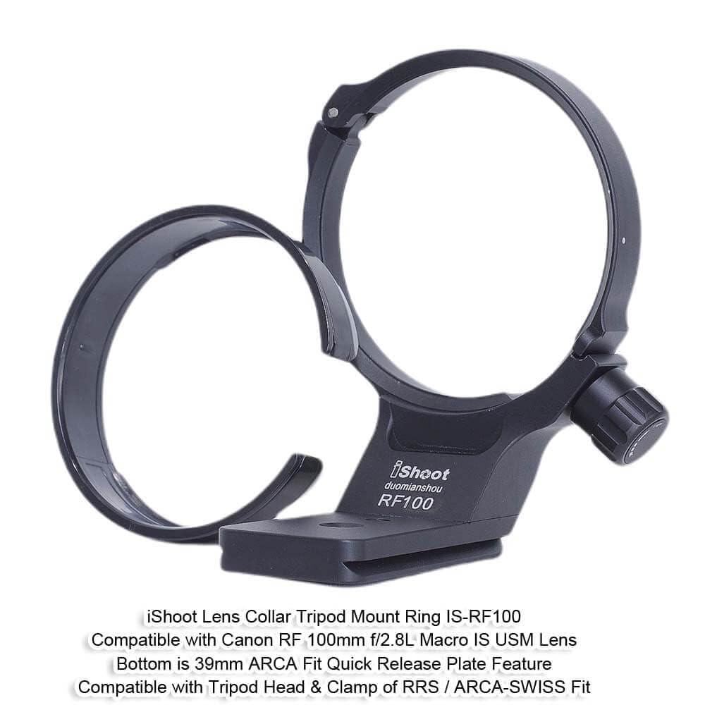 iShoot Objektivhalsband-Stativhalterungsring, kompatibel mit Canon RF 100 mm f/2.8L Makro IS USM, Objektivstütze, Halterung unten ist Arca-Swiss Fit Schnellwechselplatte für
