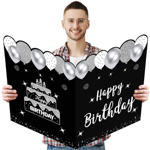Zirtorei Jumbo-Geburtstagskarte mit Umschlag, riesiges Gästebuch, Happy Birthday-Grußkarten, große Geburtstagskarte, Geschenke, Partyzubehör, schwarz, weiß, silber, extra große