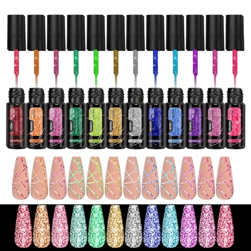 Juego de Esmalte de Uñas Gel con Purpurina - 12 Colores De Esmalte Gel - Efecto Reflectante Para Uñas Uso En Casa Salón Fiestas Verano