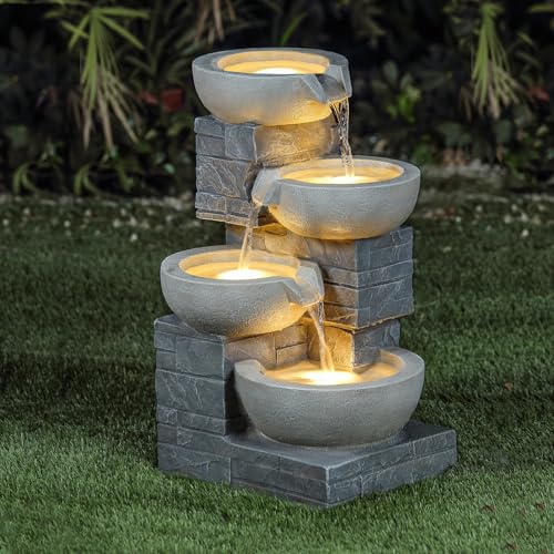 CHARLES BENTLEY 4 Tier Cascading Water Feature Grey Brick Finish Self Contained 50HZ Pump 220-240V 10L Capacity UV & Frost Resistant 3 Built In LED Lights 5m Cable (55.5x37x31cm)