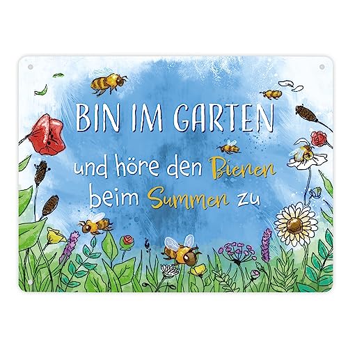 Bin im Garten Metallschild XL in 21x28 cm mit Blumenwiese und Bienen als Dekoration für den Garten oder den Gartenzaun im Frühling Bin im Garten Metallschild XL in 21x28 cm mit Blumenwiese und Bienen als Dekoration für den Garten oder den Gartenzaun im Frühling