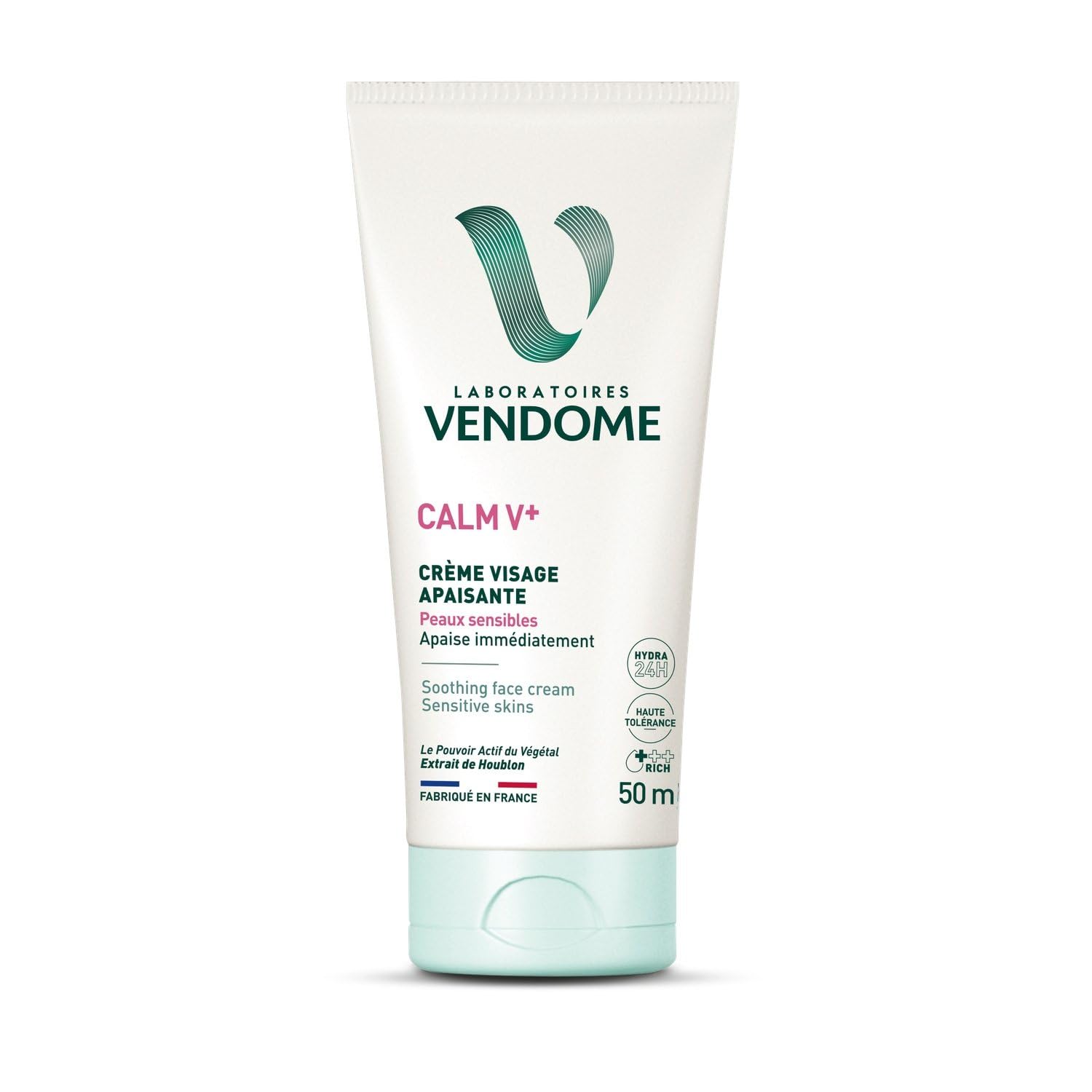 LABORATOIRE VENDOME Crème Hydratante Apaisante Visage Peaux Sensibles CALM V+ à l'Extrait de Houblon Bio 50 mL Pot Flip-Top Fabriqué en France - Lot de 3