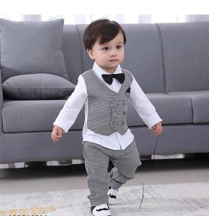 Dsnsenterprize Kids Boys Solid Hosiery Cotton Long Sleeve Collared Neck Ethnic Wear Shirt,Pant Coti with Bow Tie (DSNS_10134_Black&White_12-24 Months) 2
