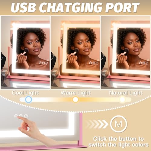 Image of FENNIO Vanity Mirror with Lights 22''x18'' Makeup Mirror with Lights,Lighted Makeup Mirror with 10X Magnification,Smart Touch Screen with 3-Color Lighting,Dimmable(Square Pink)