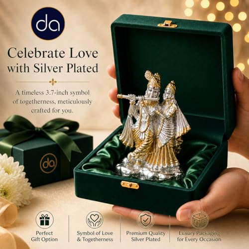 Image of Silver & 24K Gold Plated Radha Krishna Idol for Gift 3.7 Inch | Radhe Krishna Murti for Wedding Gift, for Couple, House Warming Gifts, Pooja Room Decor