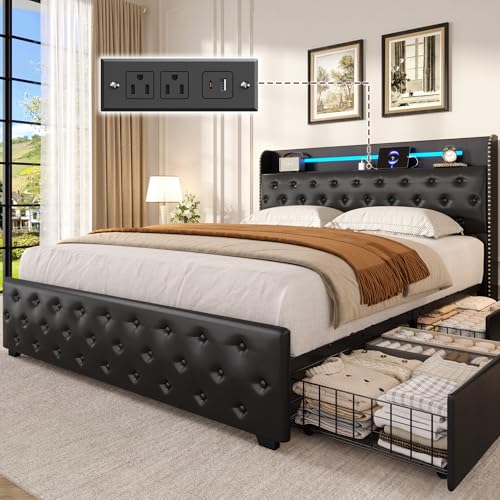 Lifezone Queen Bed Frame with 4 Storage Drawers and LED Lights, Upholstered Faux Leather Wingback Platform Bed with Type-C Charging Station, Noise-Free Heavy Duty Metal, No Box Spring Needed, Black