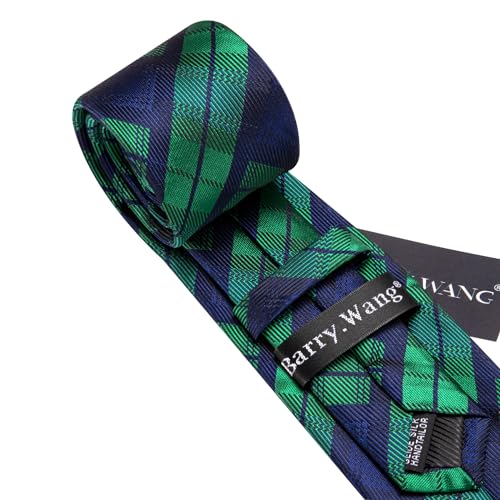 Image of Barry.Wang Plaid Ties Check Mens Necktie Set with Handkerchief Cufflinks Classic Stripe