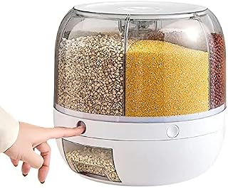 6-Grid Rotating Food Dispenser - Rotating Rice Bucket Rice Storage Tank, cereal dispenser, rice dispenser, Stackable Food Storage Containers, One-Click Rice Picking, 9.45 x 9.45 x 10.63in
