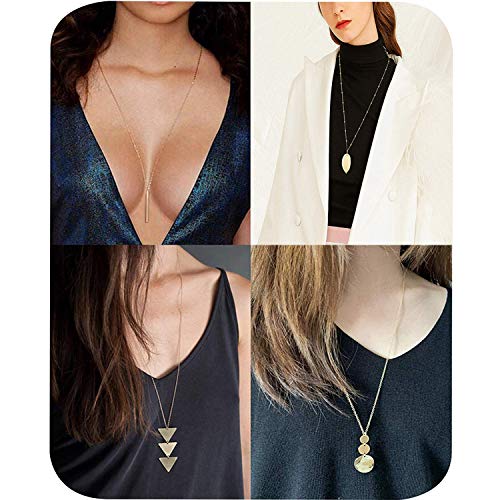 Fesciory 6 PCS Long Pendant Necklace for Women, Gold Bar Circle Leaf Triangle Tassel Y Necklace Set3
