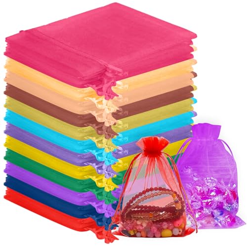 KENPOJO Lot de 120 Sachet Organza 10x15 CM, Colorés Sac Cadeau en Organza avec Cordon de Serrage, Sachet Lavande Vide Transparent Petits Pochette Cadeau Noel...