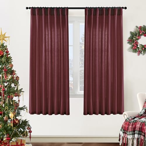 Image of XTMYI Dark Red Burgundy Curtains 63 Inch Length for Dining Room Kitchen Window,2 Panels Light Filtering Semi Privacy Linen Sheer Curtain for Bedroom