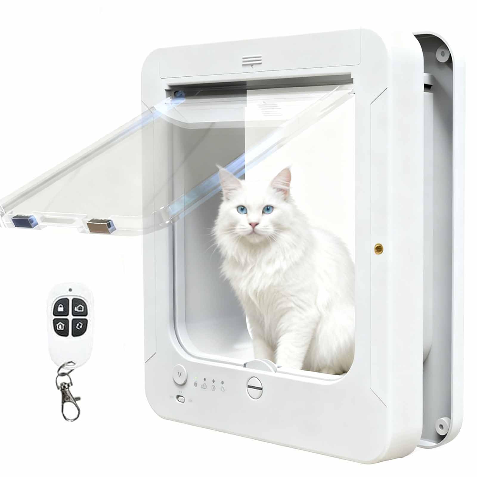 Electronic Cat Door, Microchip Smart Pet Door Flap with 2 Collar Keys and Remote, 4 Way Locking, Automatic Unlocking, Opening Size: 7 7/8" X 7 1/2", for Pets Up To 25 Lbs white