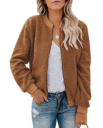 Eurivicy Women Fleece Jacket Winter Bomber Long Sleeve Faux Sherpa Fuzzy Casual Zip Up Coat Pocket