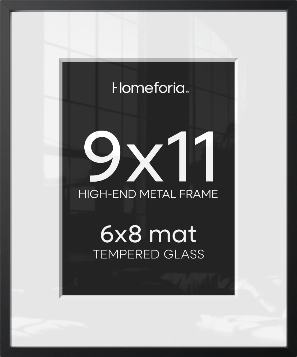 Homeforia 9x11 Black Picture Frame, High-End Metal, 6x8 Mat, Glass