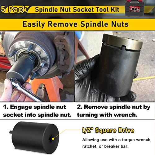 5Pcs Spindle Nut Sockets Kit Hub Nut Sockets Axle Nut Remover Installer For Ford Dana 50/60 Heavy Duty With Storage Case, Replace# 648636, 1/2" Drive #TOP1