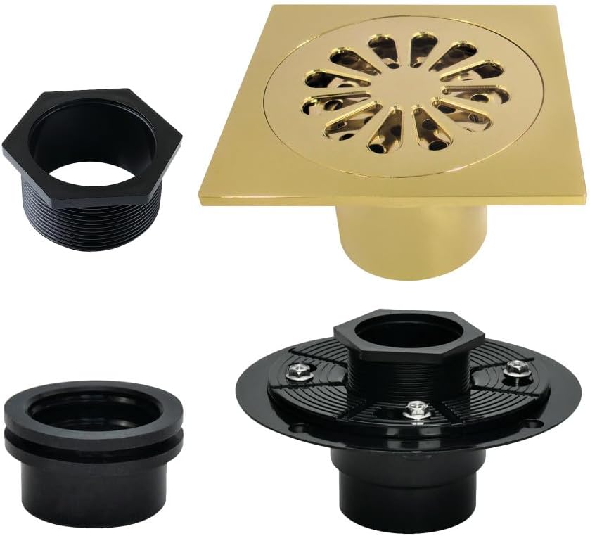 4" Brass Square Grid Shower Drain with Hair Strainer and Base Flange, Brushed Brass