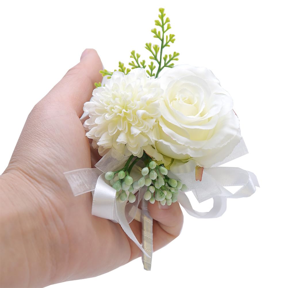 LIFKOME Bridal Corsage Simulated Flower Brooch Pin for Bride Groom Wedding Dress Decoration Elegant White Floral Boutonniere for Special Occasions - Image 2