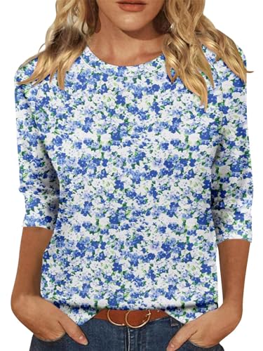 KISSMODA Tunic Tops for Women Loose Fit Dressy Round Neck Pleated 3/4 Length Sleeve Spring Tops