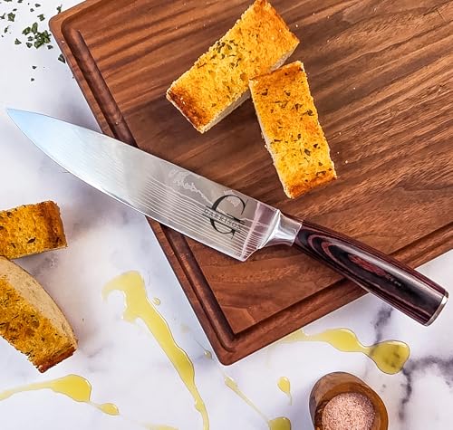 Image of Professional Chef Knife | Personalized 8 inch Stainless Steel Kitchen Knife | Custom Engraved Initial & Name | Brown Pakka Wood Handle