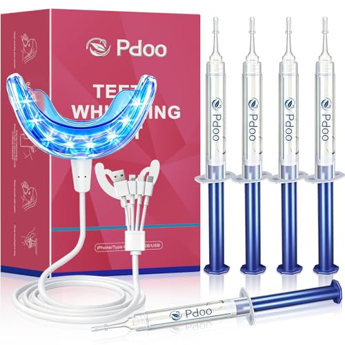 Professional Teeth Whitening Kit with 5 Teeth Whitening Gel, LED Accelerator Light & Rechargeable Design - Enamel Safe Gel, Custom Trays, Fast Results for Sensitive Teeth - Whitening Gel Kit​​